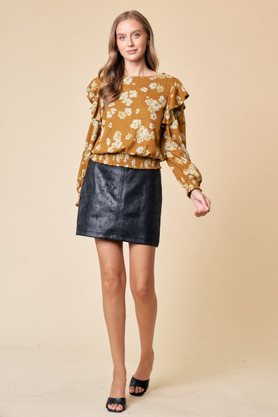 Golden Floral Ruffle Knit Top