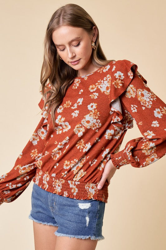 Rust Floral Ruffle Knit Top