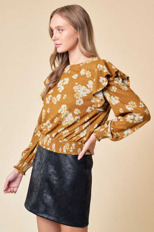 Golden Floral Ruffle Knit Top