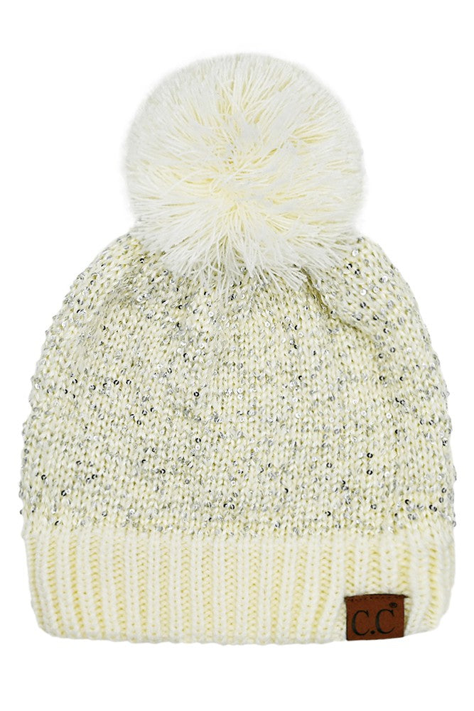 Ivory Sequin Cuff CC Beanie with Yarn Pom