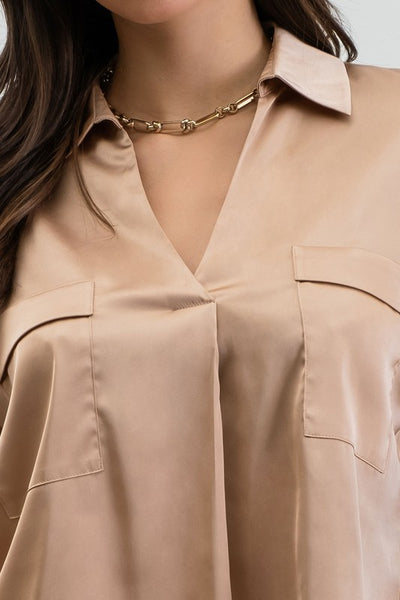 Khaki Satin Long Sleeve Top