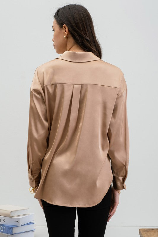 Khaki Satin Long Sleeve Top