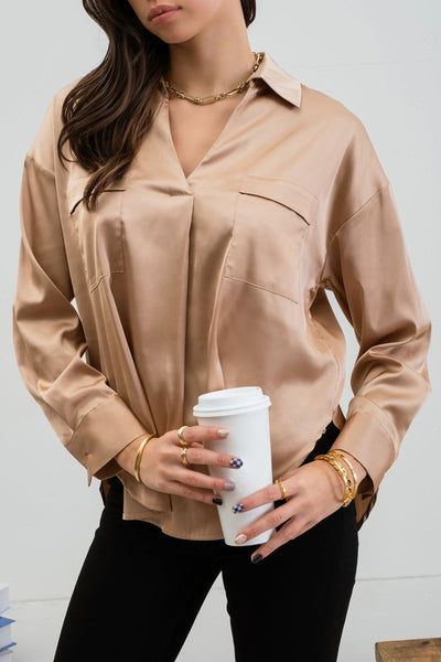 Khaki Satin Long Sleeve Top