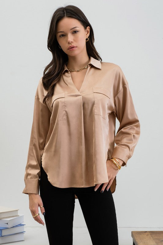 Khaki Satin Long Sleeve Top