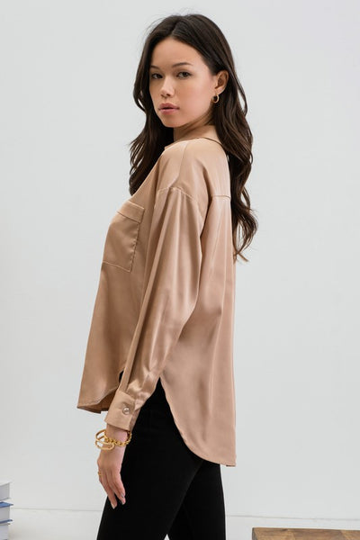 Khaki Satin Long Sleeve Top