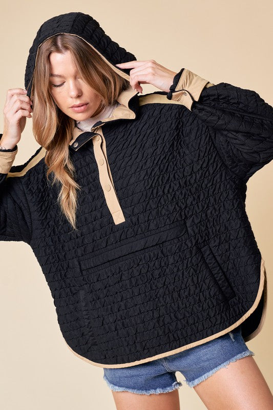 Black & Taupe Quilted Hood Top