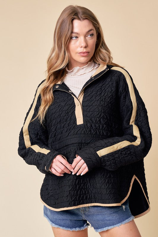 Black & Taupe Quilted Hood Top