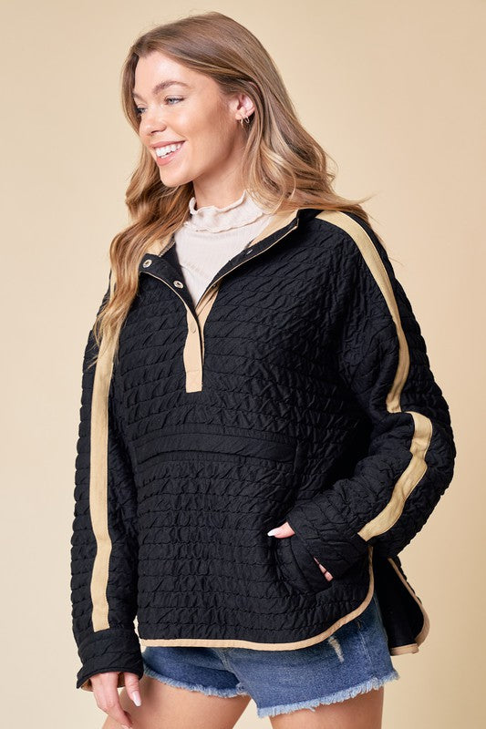Black & Taupe Quilted Hood Top