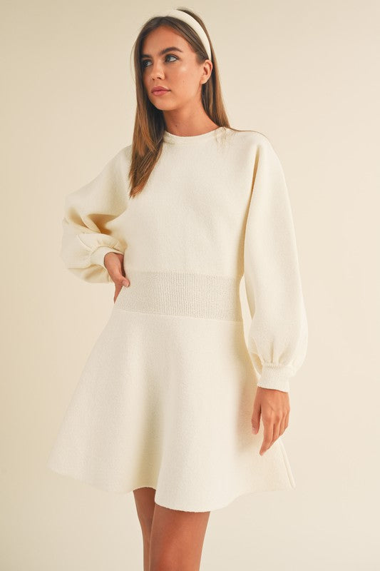 Cream Balloon Sleeve Sweater Dress