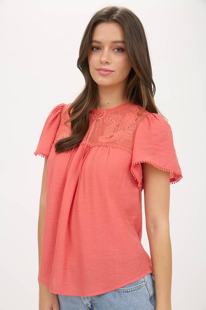 Coral Sheer Lace Pom Pom Blouse