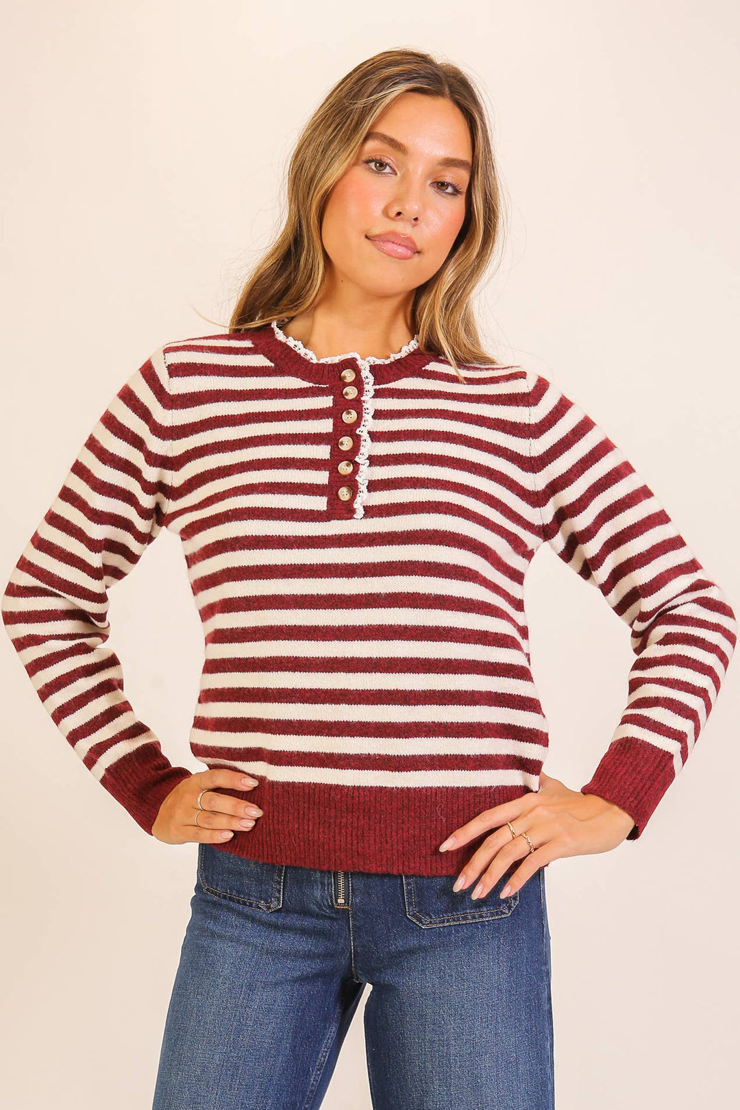 Burgundy Stripe Henley Knit Sweater