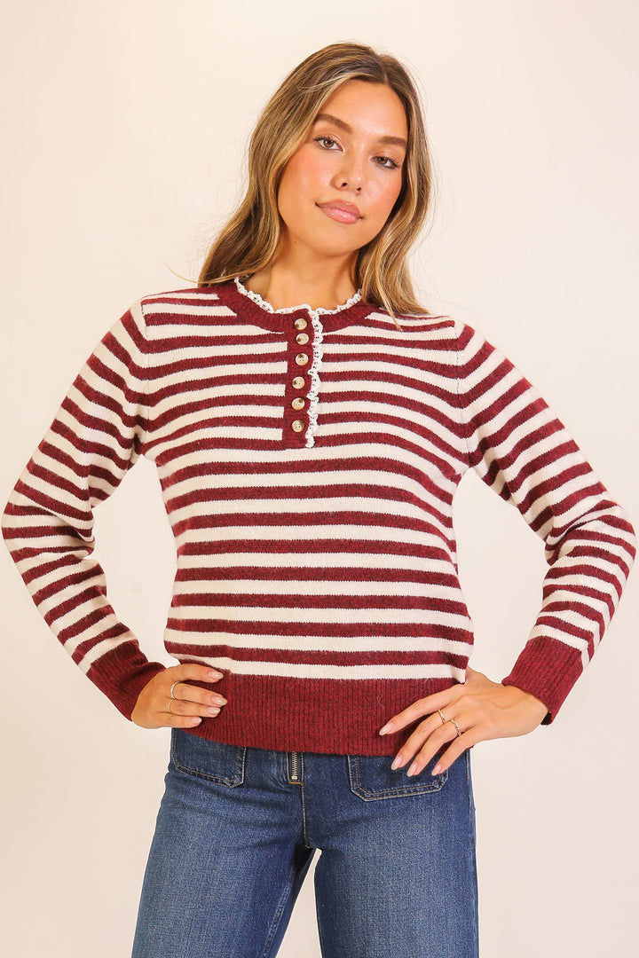 Burgundy Stripe Henley Knit Sweater