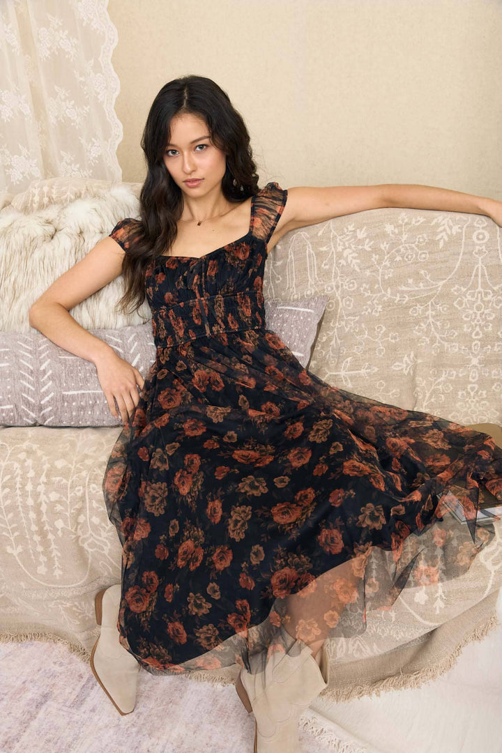 Black Floral Front Tie Midi Dress