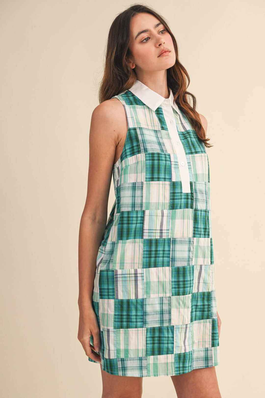 Teal Plaid Patchwork Mini Dress