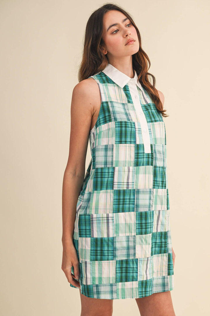 Teal Plaid Patchwork Mini Dress