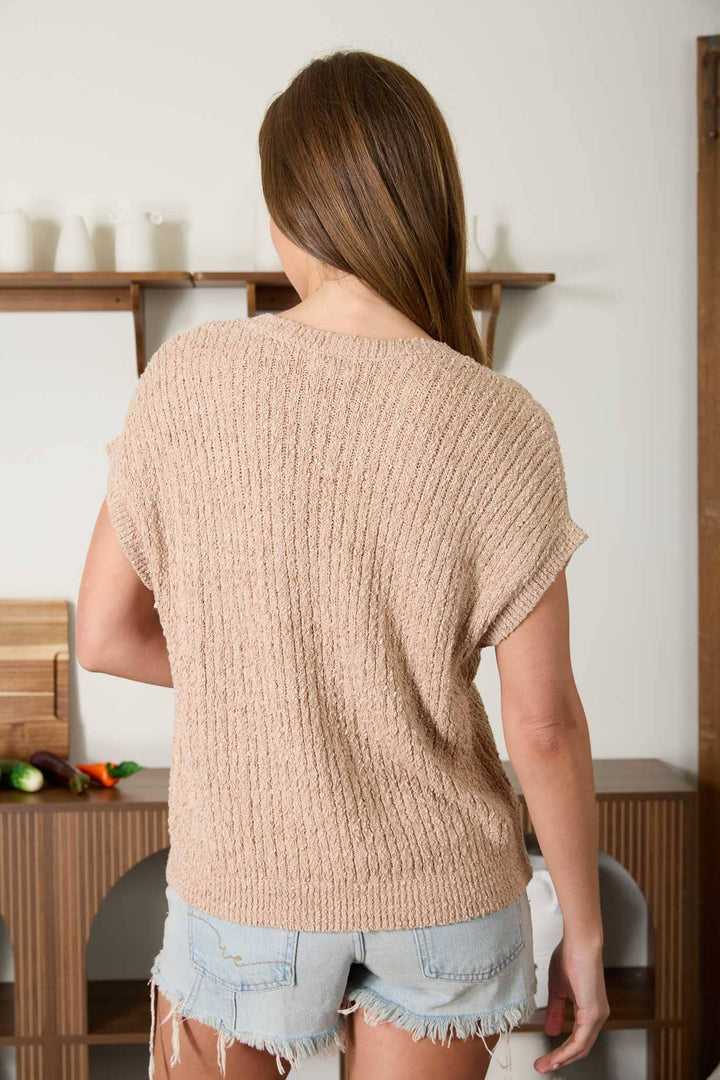 Khaki Short Sleeve Button Down Sweater