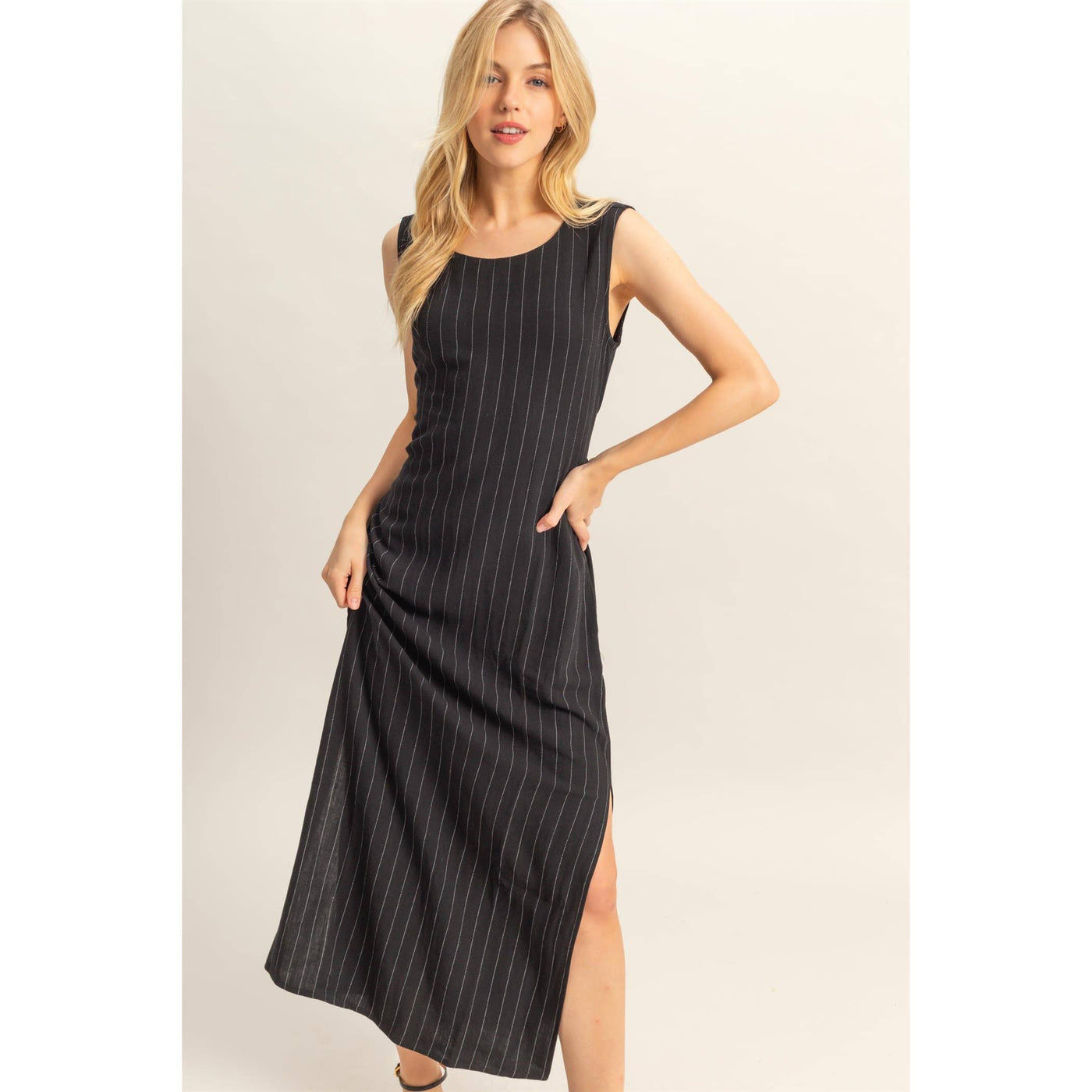 Black Striped Side Slit Maxi Dress