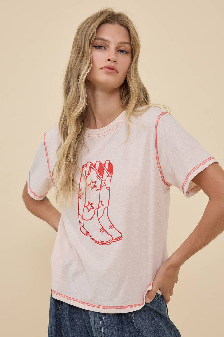 Western Boots Embroidered Contrast Tee