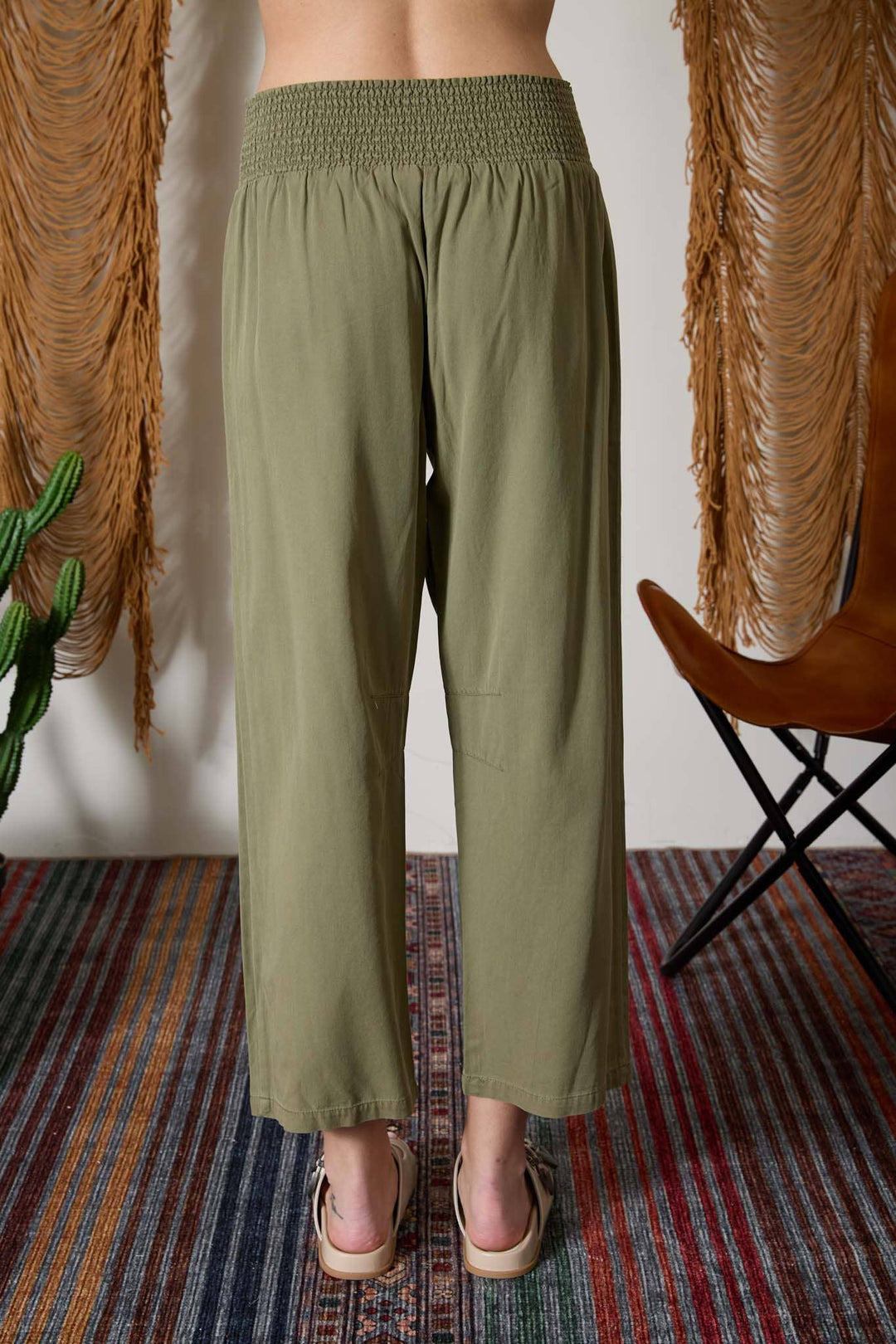 Olive Smocked Waist Wide Leg Pants
