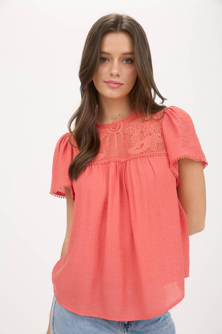 Coral Sheer Lace Pom Pom Blouse