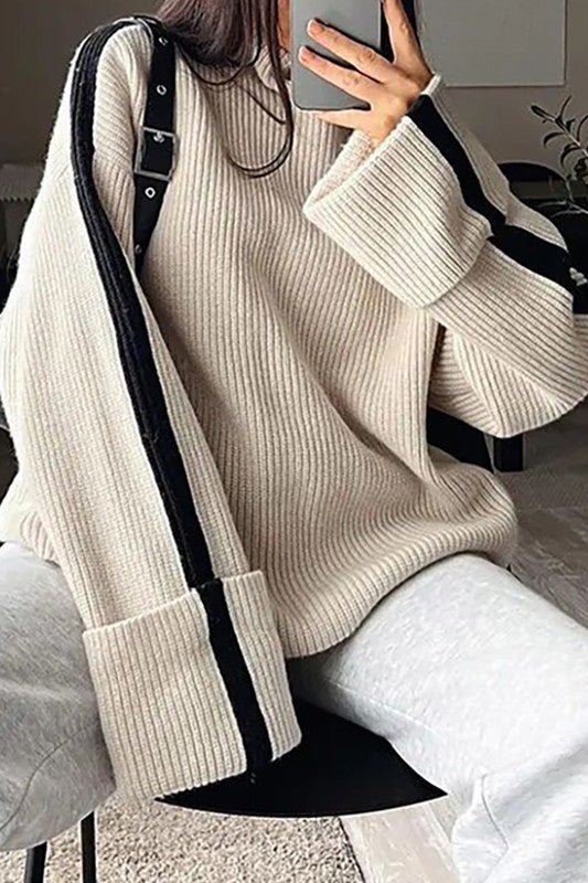Ivory Striped Turtleneck Sweater