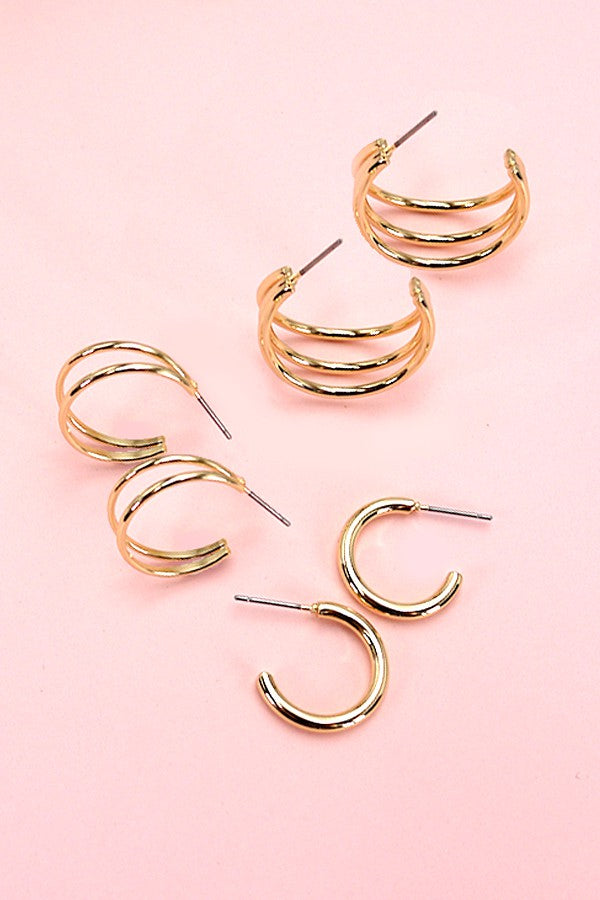 Gold Single Double Triple Hoop Earring Set