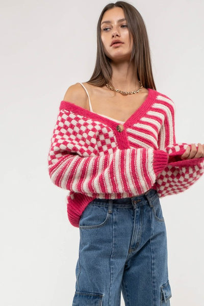 Hot Pink Striped and Checkered Cardigan