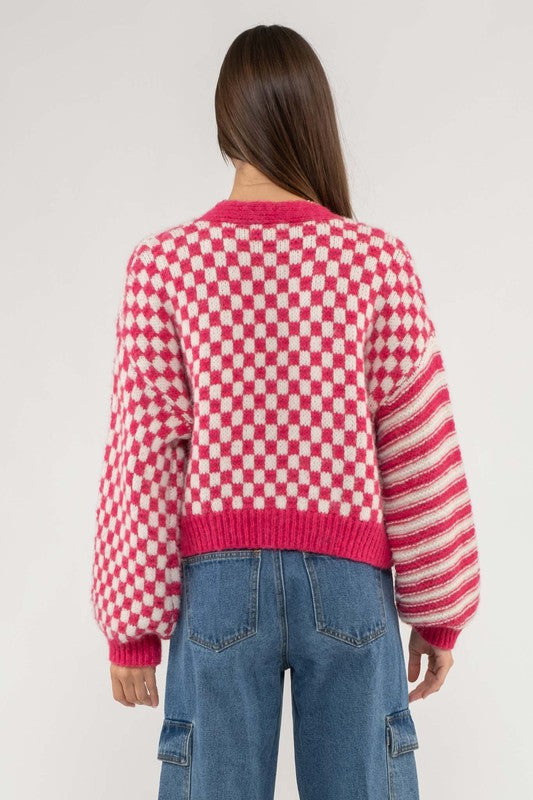 Hot Pink Striped and Checkered Cardigan