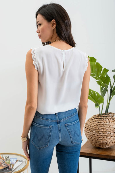 White Lace Trim Pleated Top
