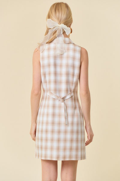 Beige Plaid Collared Mini Dress