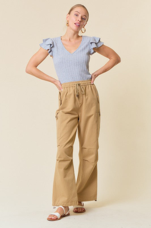 Khaki Twill Wide Leg Cargo Pants
