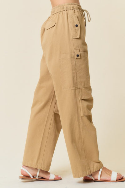 Khaki Twill Wide Leg Cargo Pants