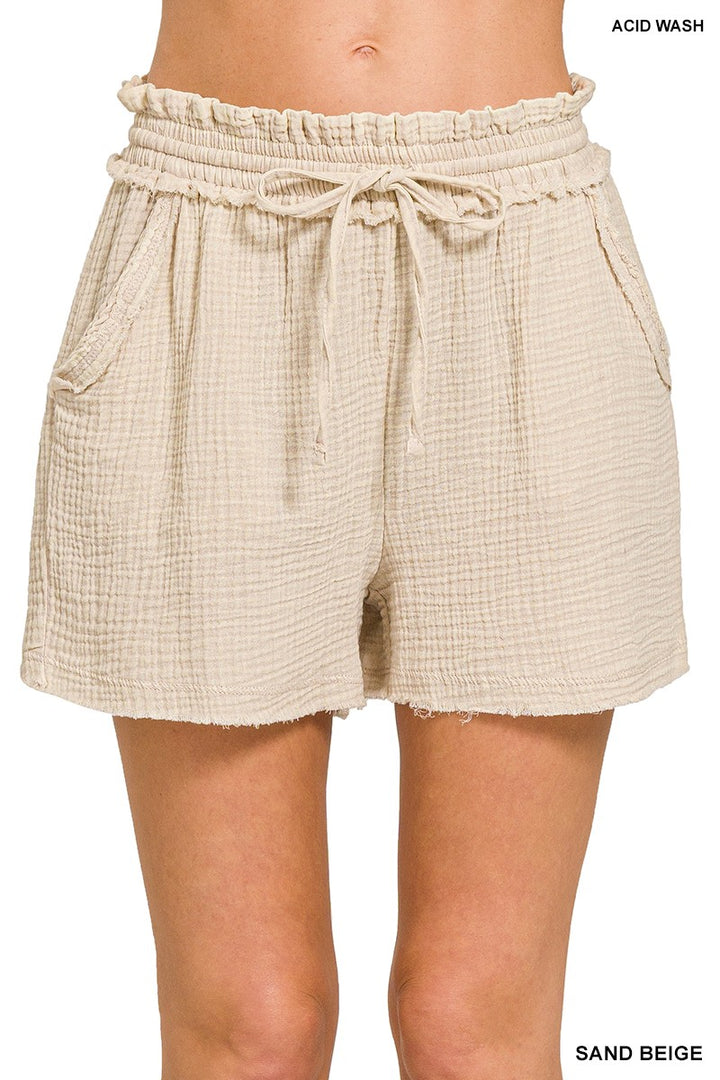 Sand Beige Gauze Drawstring Shorts