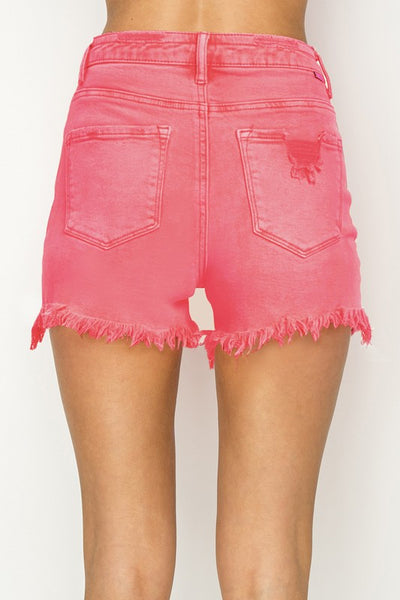 Risen Hot Pink High Rise Distressed Shorts