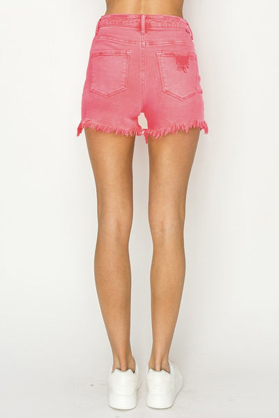Risen Hot Pink High Rise Distressed Shorts