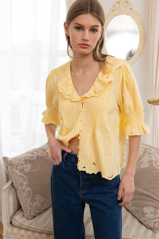 Butter Yellow Embroidered Collar Blouse