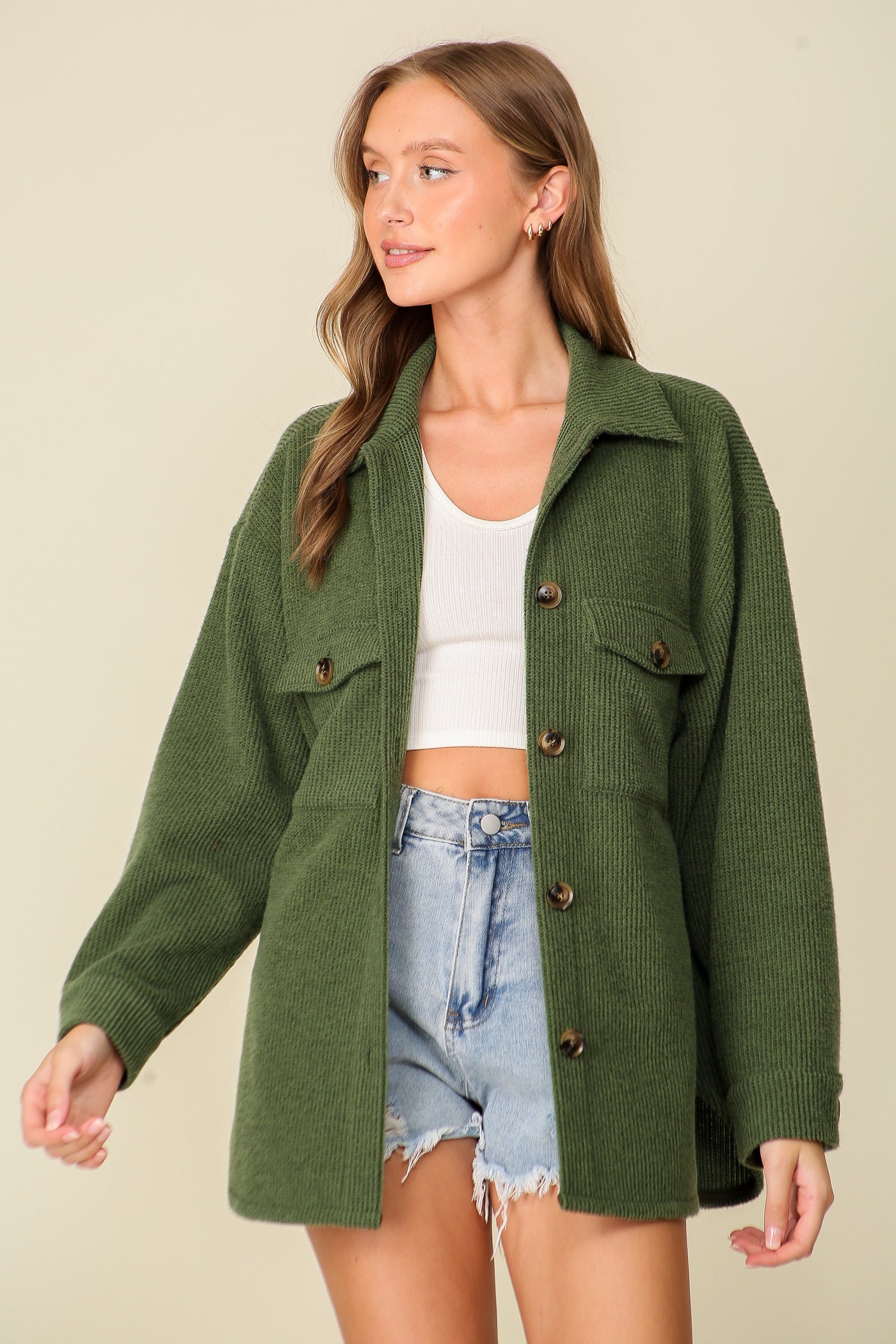 Forest Green Cozy Waffle Shacket