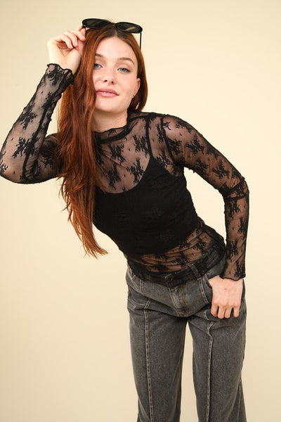 Black High Neck Sheer Lace Top