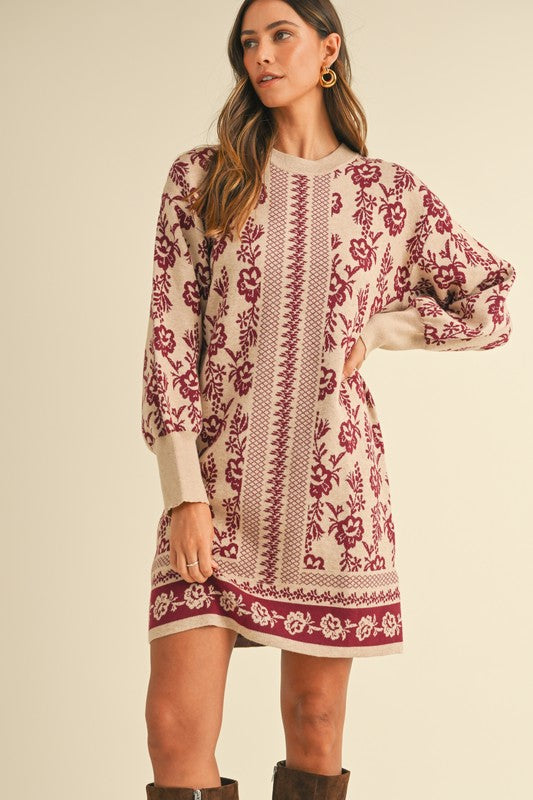 Burgundy Floral Jacquard Sweater Dress