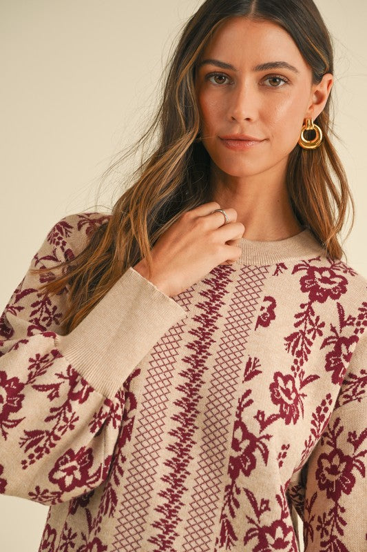 Burgundy Floral Jacquard Sweater Dress