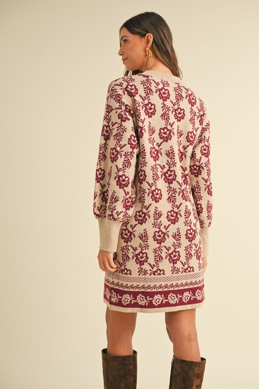 Burgundy Floral Jacquard Sweater Dress