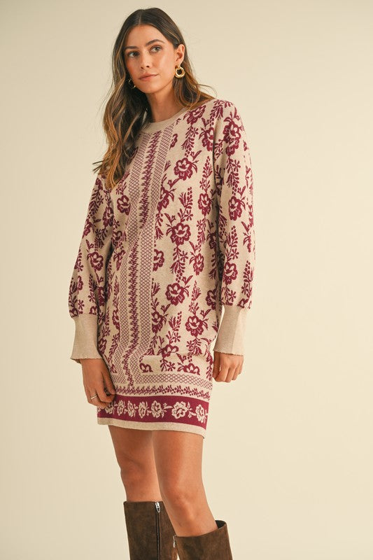 Burgundy Floral Jacquard Sweater Dress