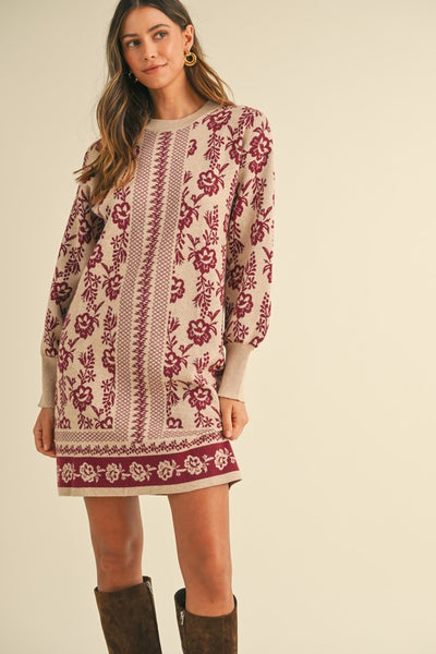 Burgundy Floral Jacquard Sweater Dress