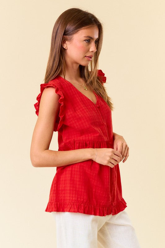 Red Button Down Babydoll Blouse
