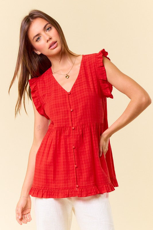 Red Button Down Babydoll Blouse