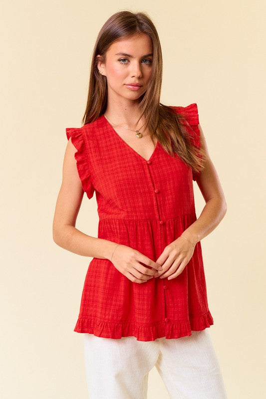 Red Button Down Babydoll Blouse