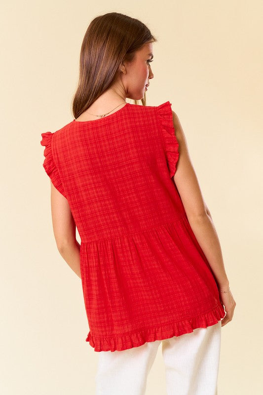 Red Button Down Babydoll Blouse