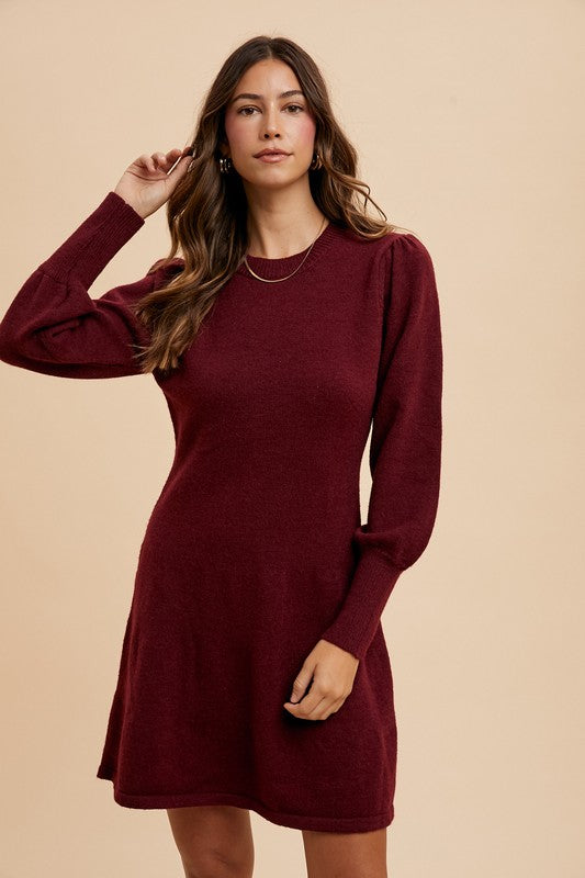 Burgundy Puff Sleeve Sweater Dress