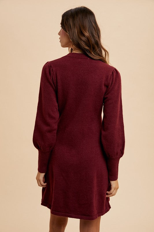 Burgundy Puff Sleeve Sweater Dress