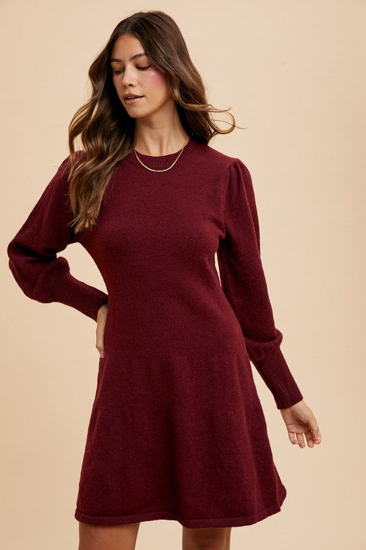 Burgundy Puff Sleeve Sweater Dress